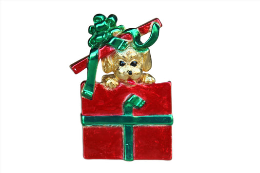 AJC Jewelry (New York, USA) Puppy Popping Out of a Red Present Brooch