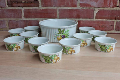 Rene Frugier Aluminite (Limoges, France) Souffle Dish and 11 Matching Ramekins