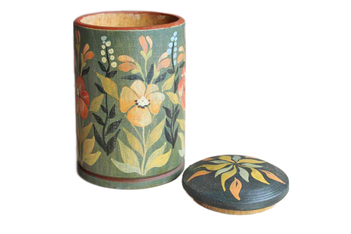 Primitive Wood Storage Container with Painted Flowers