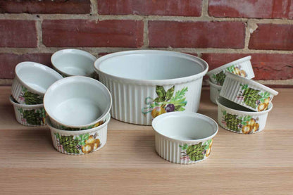Rene Frugier Aluminite (Limoges, France) Souffle Dish and 11 Matching Ramekins