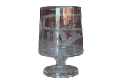Clear Glass Pedestal Container with Etched Birds and Flowers and the Initials "J.M."