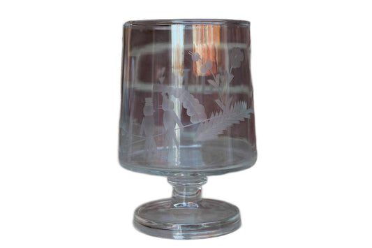 Clear Glass Pedestal Container with Etched Birds and Flowers and the Initials "J.M."