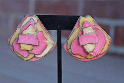 Handmade Pink and Yellow Paper Art Pierced Earrings