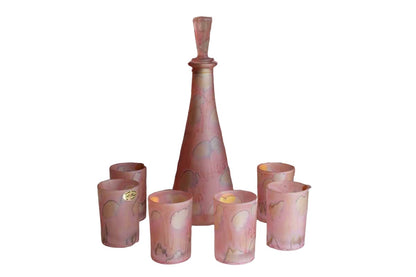 Al-Rama (Israel) Hand-Painted Studio Art Glass Satin Pink Decanter with Six Glasses
