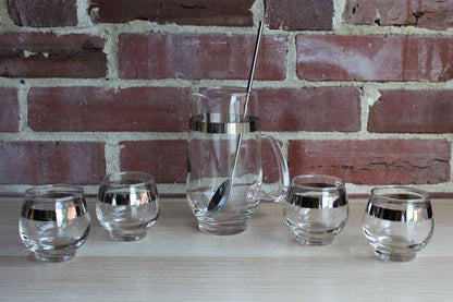 Libbey Glass (Ohio, USA) Pitcher, Stir Spoon and Four Roly Poly Glasses Cocktail Set