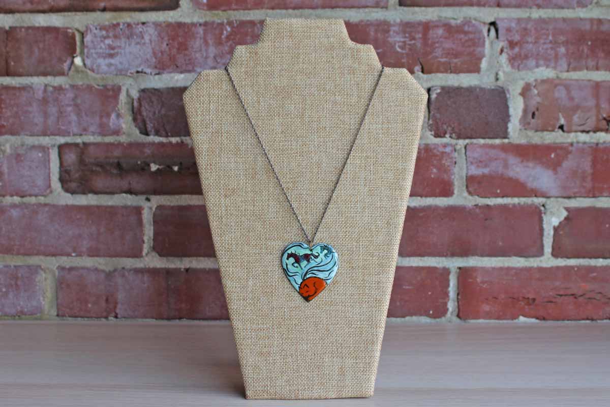 Metal Heart Pendant Handpainted with Horses and Cat
