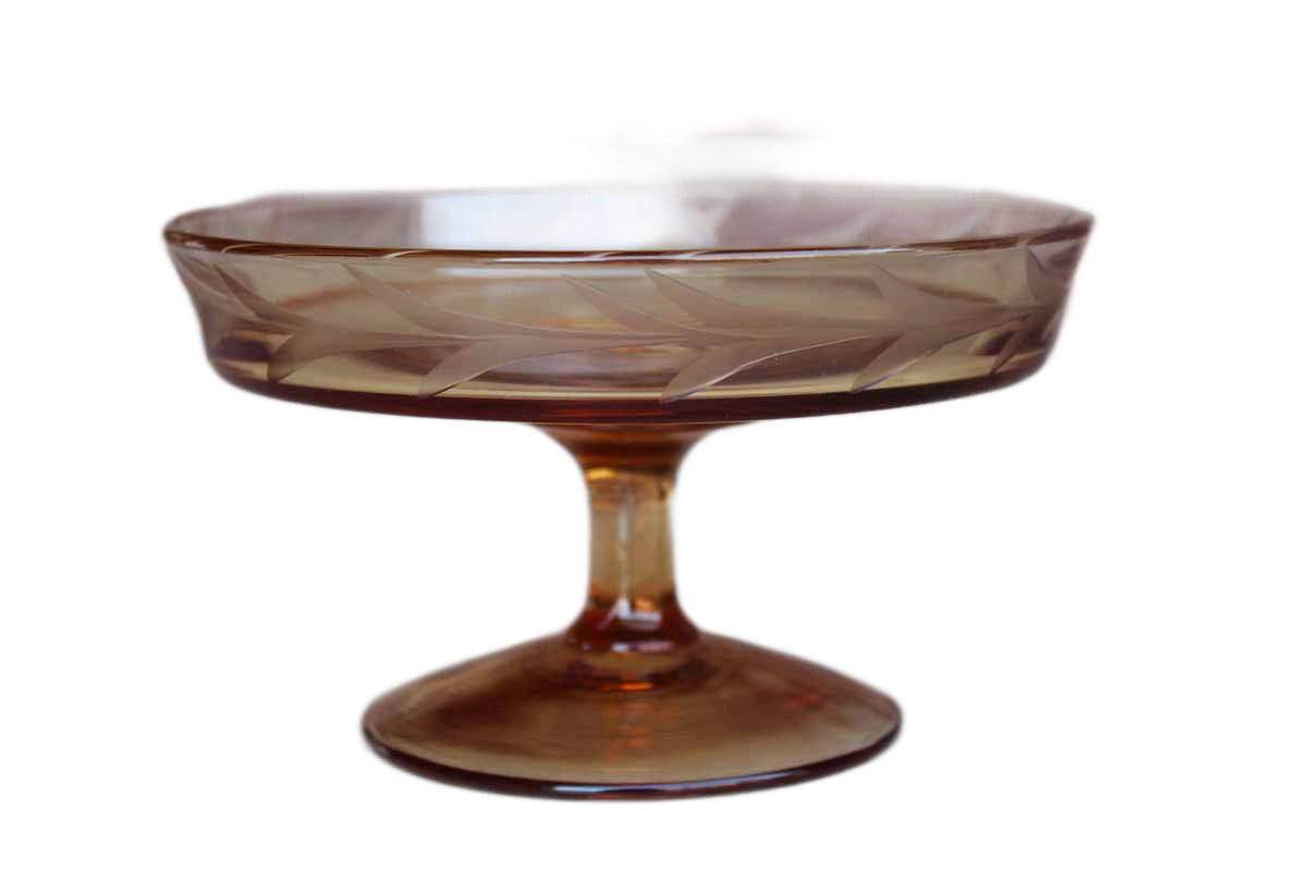 Pink Shallow Glass Pedestal Dish with Etched Botanical Motif