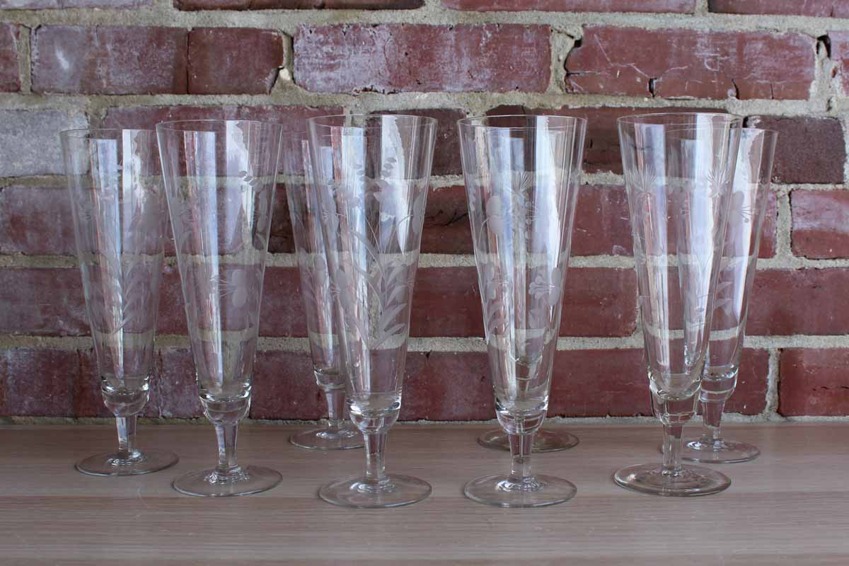 Delicate Pilsner or Wine Glasses with Etched Flowers and Pedestal Base, 8 Glasses