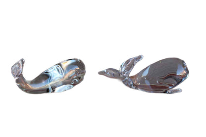 Clear Solid Glass Whale Paperweights, A Pair