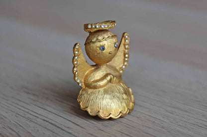 Ultra Gold Tone Angel Brooch with White and Blue Rhinestone Detailing