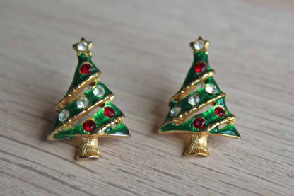 Gold Tone Green Enameled Christmas Tree Pierced Earrings with Silver and Red Rhinestones
