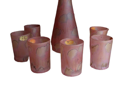 Al-Rama (Israel) Hand-Painted Studio Art Glass Satin Pink Decanter with Six Glasses