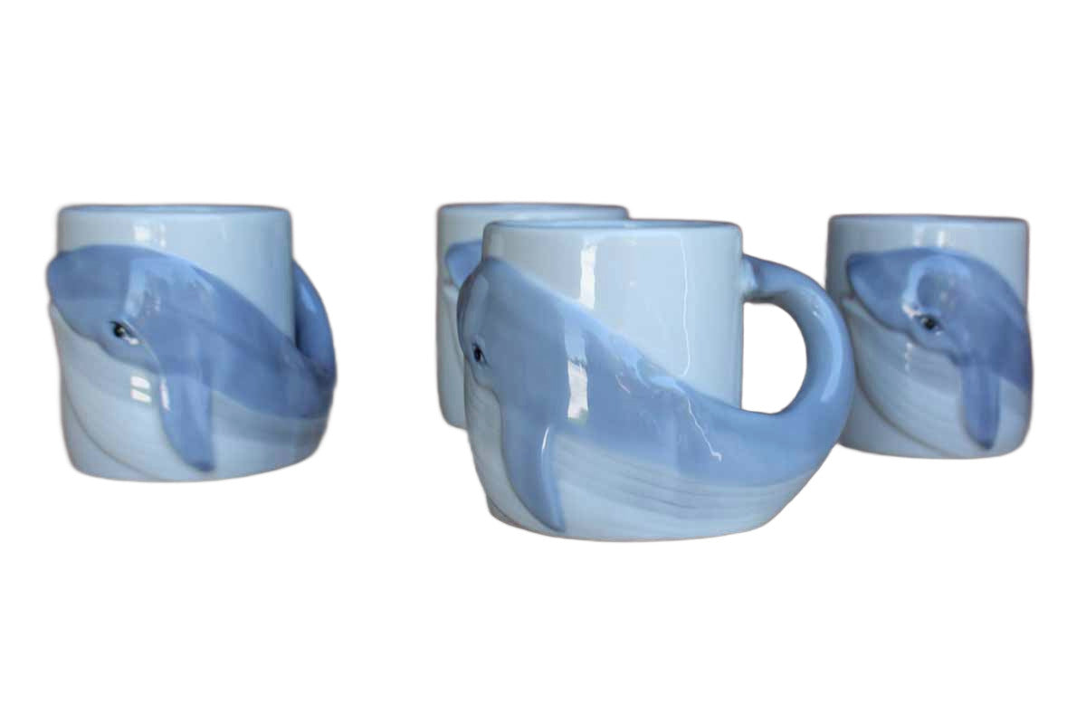 Ceramic Blue and White Dolphin Mugs with Tail Handles, Set of 4