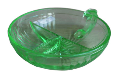 Green Vaseline Glass Divided Dish with Thumb Handle