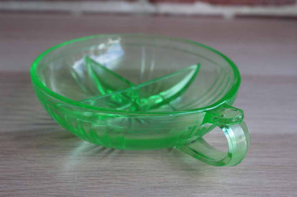 Green Vaseline Glass Divided Dish with Thumb Handle