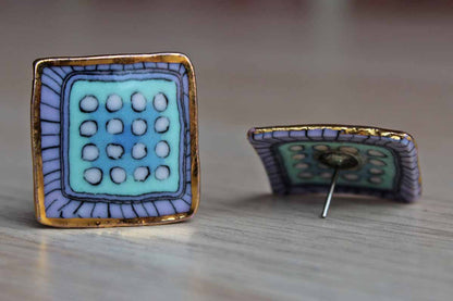 Handmade Ceramic Earrings with Blue and Purple Dots and Stripes and Gilded Edge
