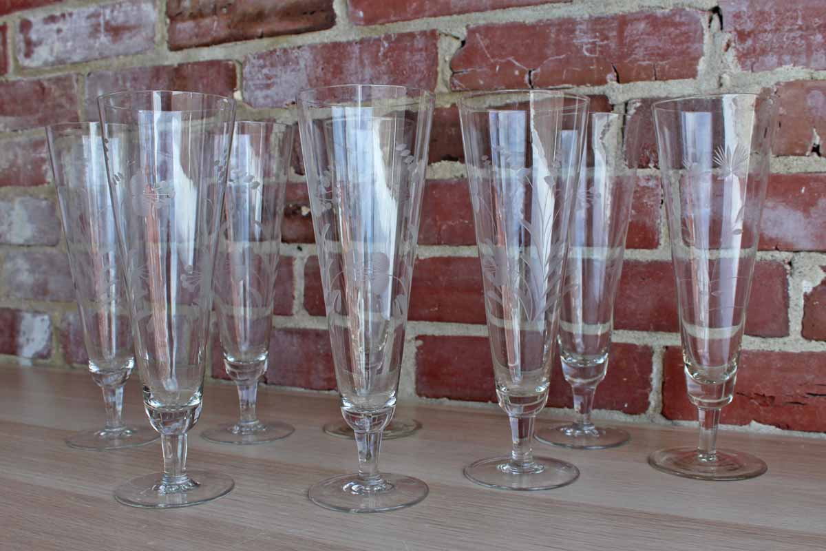 Delicate Pilsner or Wine Glasses with Etched Flowers and Pedestal Base, 8 Glasses