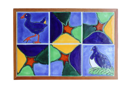 Colorful Handmade Bird Tiles Trivet Set in Wood Frame