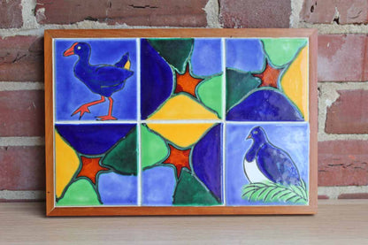Colorful Handmade Bird Tiles Trivet Set in Wood Frame