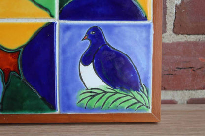 Colorful Handmade Bird Tiles Trivet Set in Wood Frame
