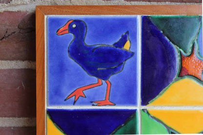 Colorful Handmade Bird Tiles Trivet Set in Wood Frame
