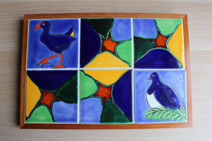 Colorful Handmade Bird Tiles Trivet Set in Wood Frame