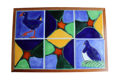 Colorful Handmade Bird Tiles Trivet Set in Wood Frame