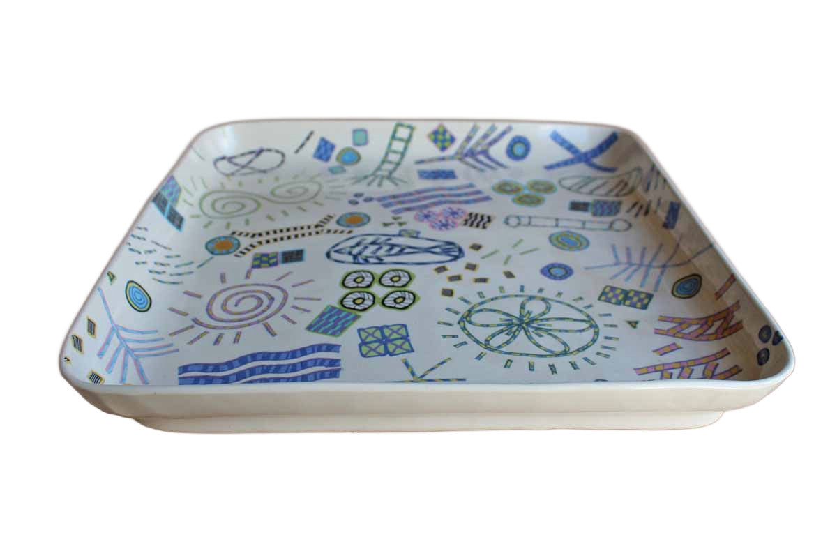 Square Ceramic Dish with Expressive Shapes, Colors, and Designs