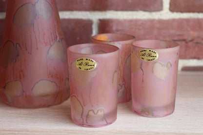 Al-Rama (Israel) Hand-Painted Studio Art Glass Satin Pink Decanter with Six Glasses
