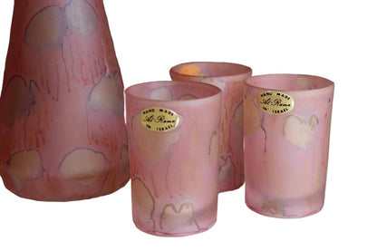 Al-Rama (Israel) Hand-Painted Studio Art Glass Satin Pink Decanter with Six Glasses