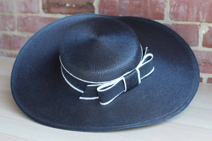 Designed by Sylvia (New York, St. Louis) Navy Blue Wide-Brimmed Straw Hat with Bow