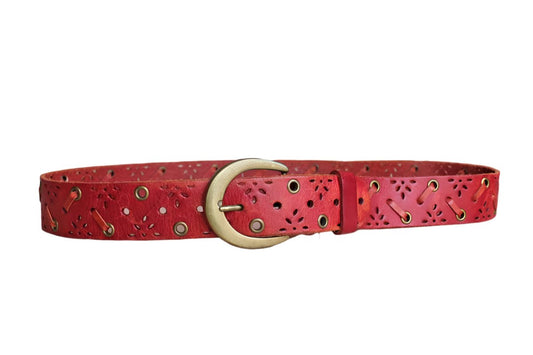 Red Leather Belt with Brass Grommets and Flower Cut-Outs