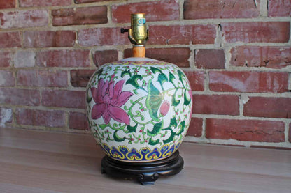 Squat Round Ceramic Table Lamp Decorated with Large Pink Flowers and Scrolling Green Leaves