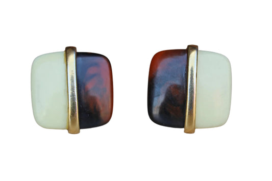 Trifari (USA) Plastic Tortoiseshell, Ivory, and Gold Tone Non-Pierced Earrings