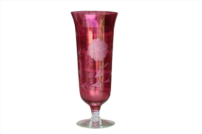 Ruby Flash Glass Pedestal Vase with Clear Etched Flowers