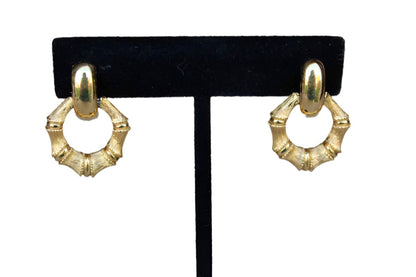 Gold Tone Faux Bamboo Pierced Drop Earrings with Smooth Gold Hinged Detail