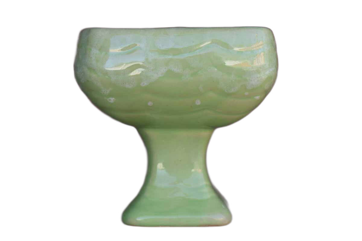 Glossy Green Ceramic Pedestal Planter with Wavy Pattern