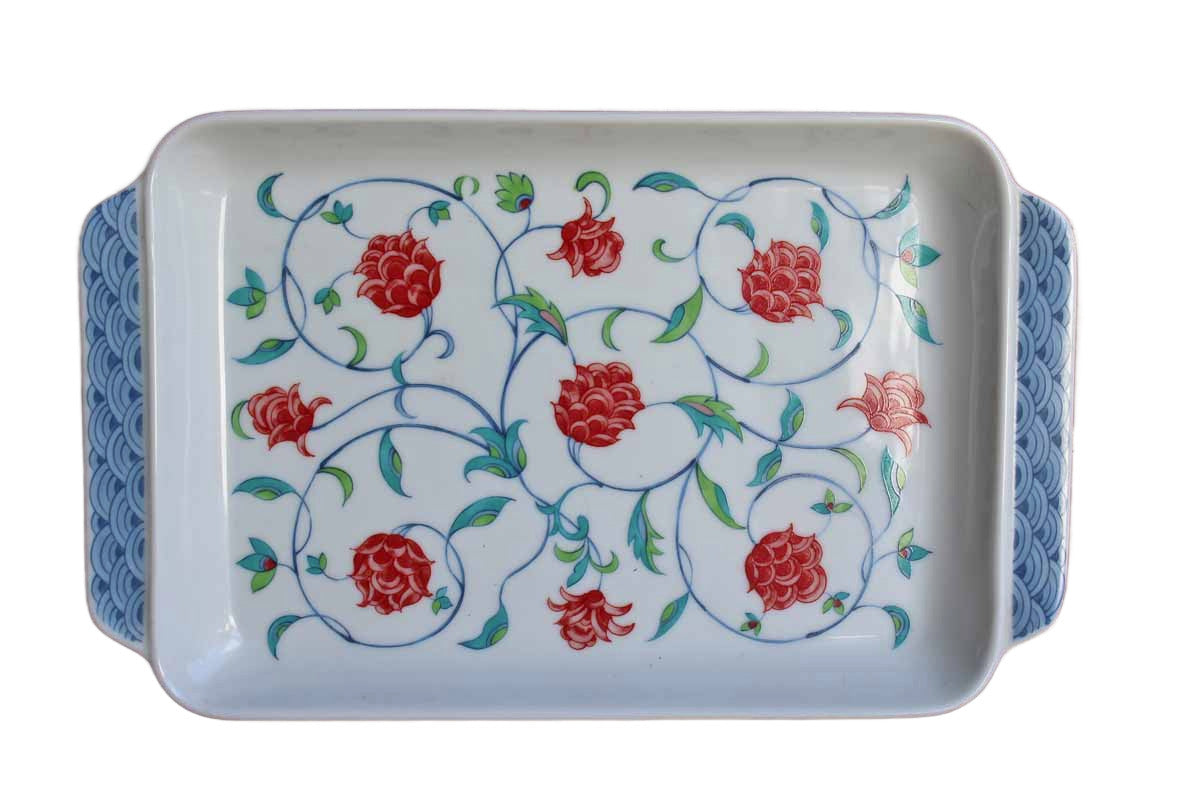 Ceramic Handled Serving Tray with Colorful Red Flowers