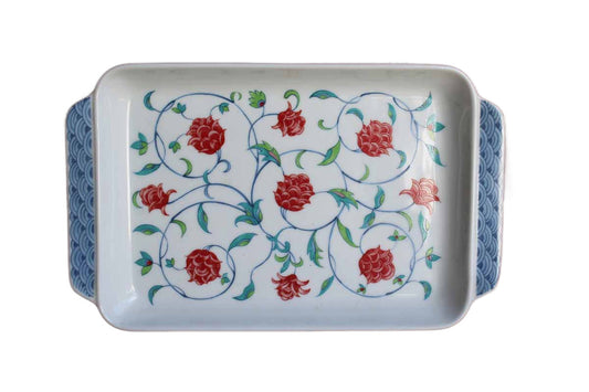 Ceramic Handled Serving Tray with Colorful Red Flowers