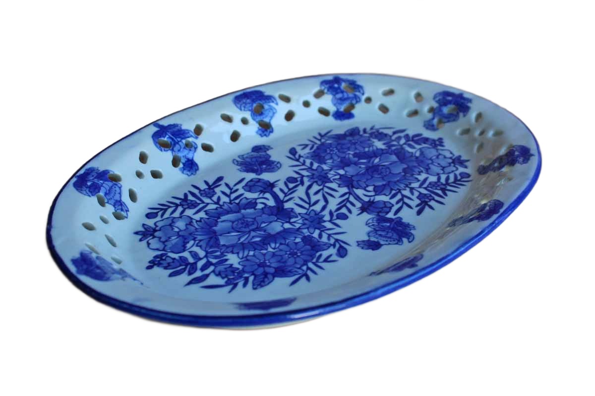 Ceramic Blue and White Oval Dish with Flowers and Cut Out Designs on the Rim