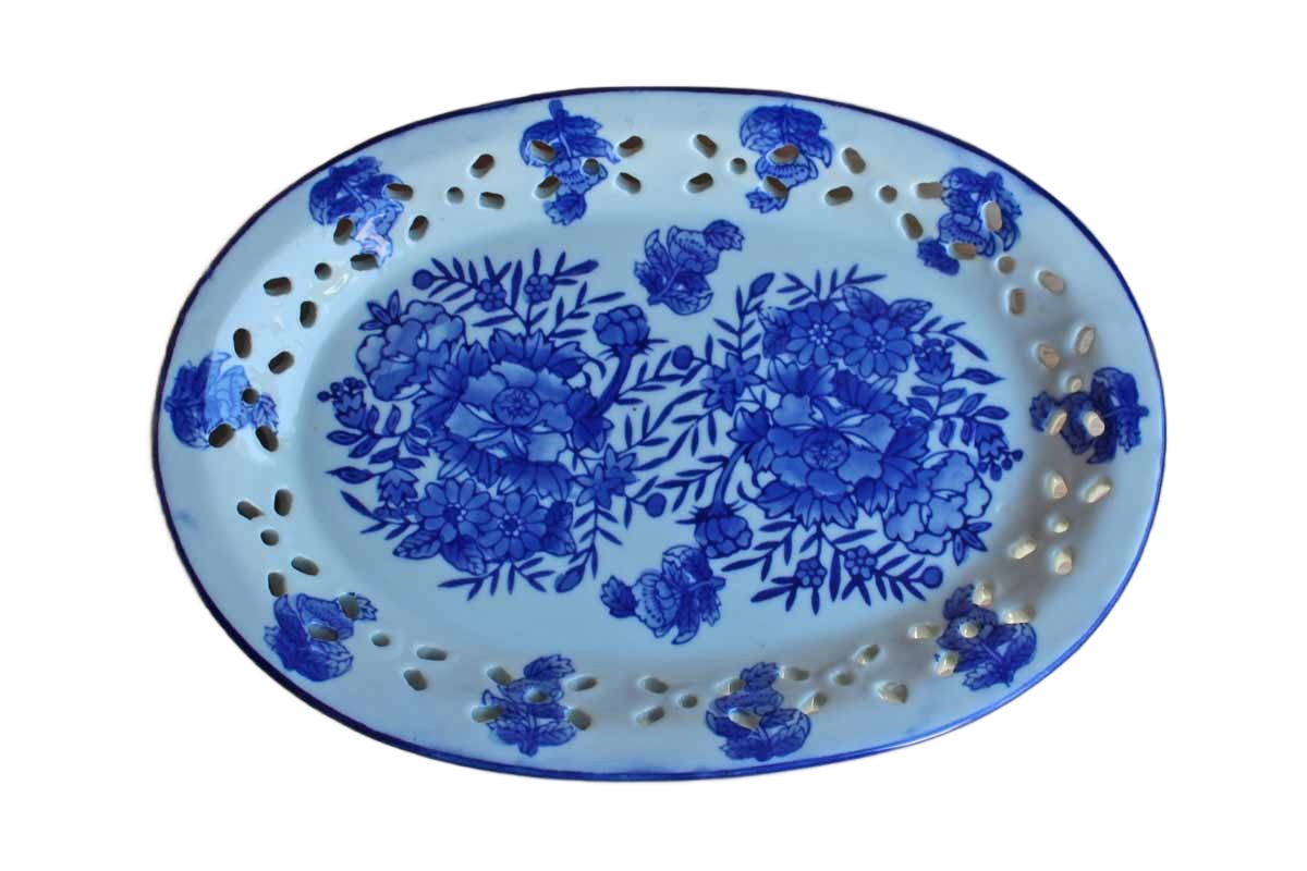 Ceramic Blue and White Oval Dish with Flowers and Cut Out Designs on the Rim