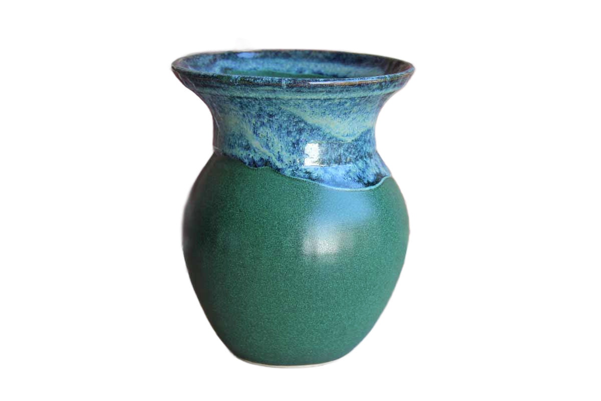 Handmade Earthenware Vase with Green Body and Blue Lava Glazed Rim