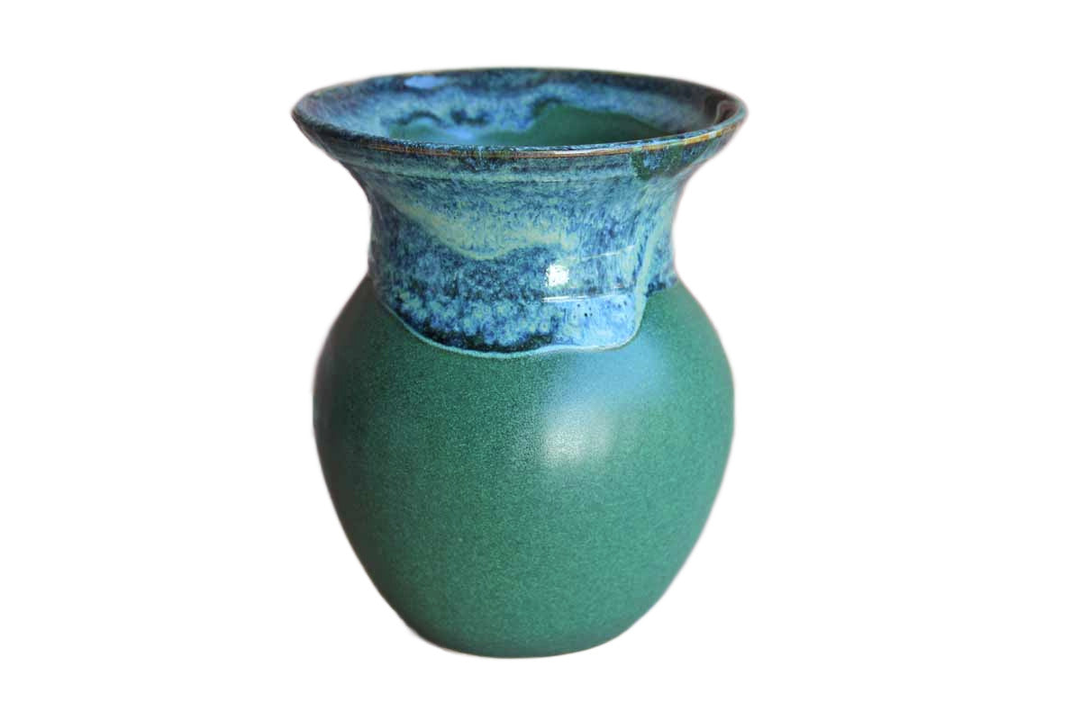 Handmade Earthenware Vase with Green Body and Blue Lava Glazed Rim