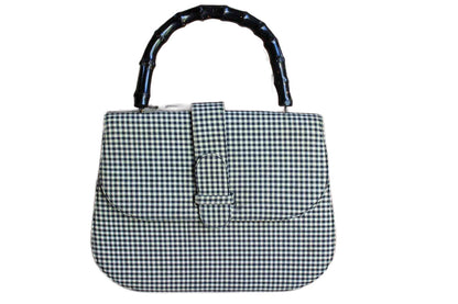 J. Miller Black and White Gingham Cloth Handbag with Wood Handle