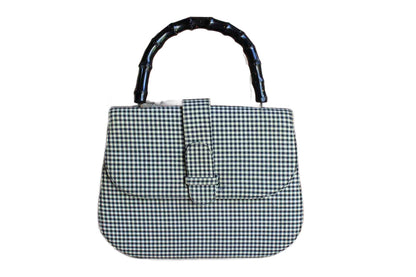 J. Miller Black and White Gingham Cloth Handbag with Wood Handle