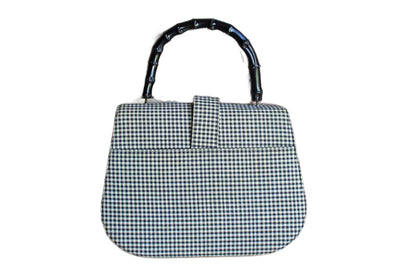 J. Miller Black and White Gingham Cloth Handbag with Wood Handle