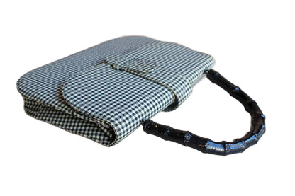 J. Miller Black and White Gingham Cloth Handbag with Wood Handle