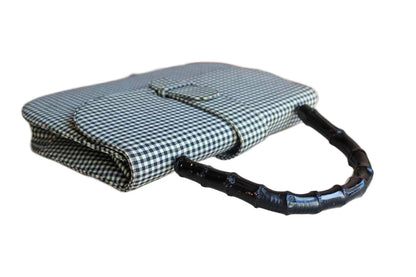 J. Miller Black and White Gingham Cloth Handbag with Wood Handle