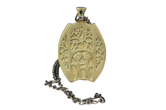 Brass Pendant Necklace with Two-Sided Abstract Design of Two People Standing Amidst Trees