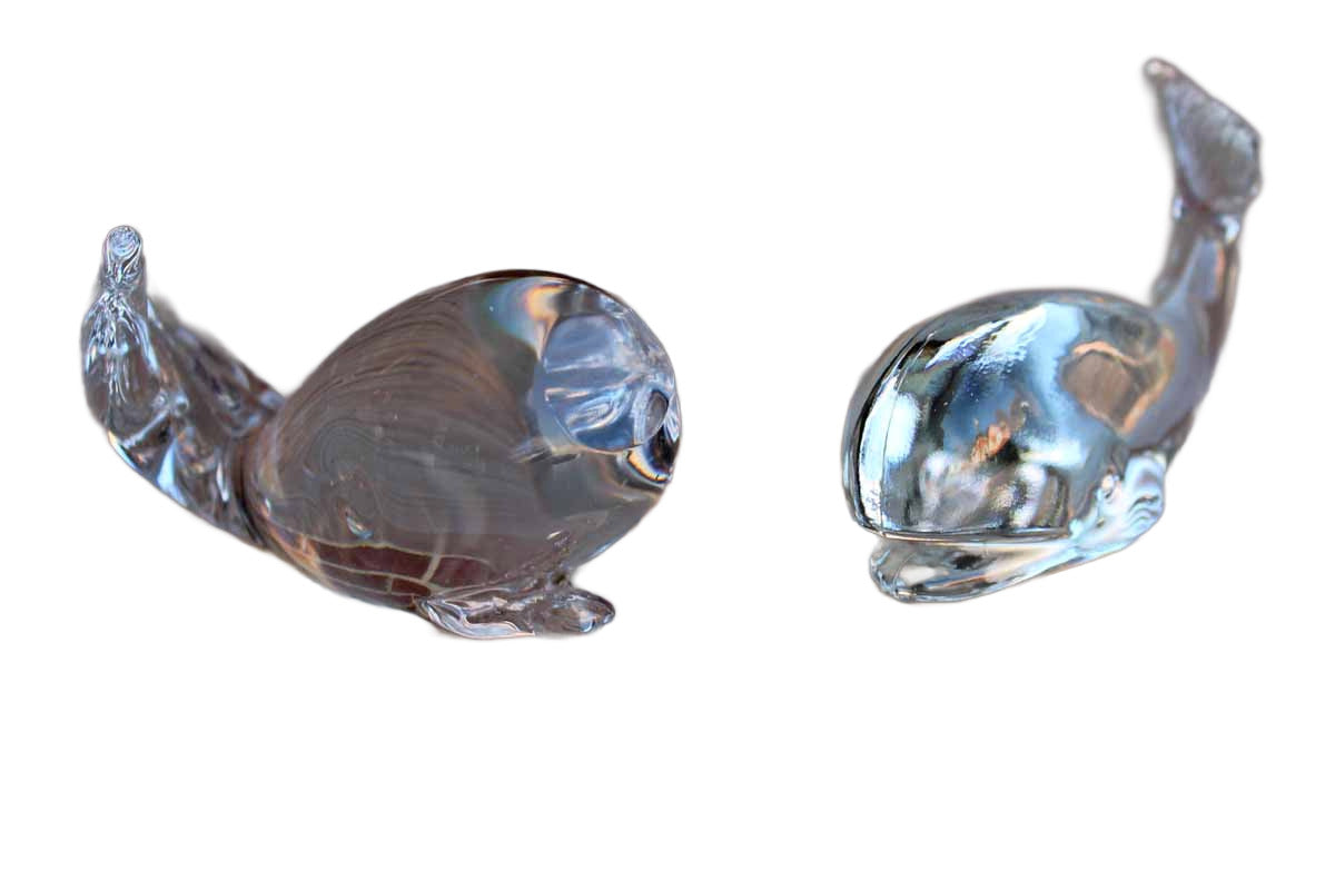 Clear Solid Glass Whale Paperweights, A Pair